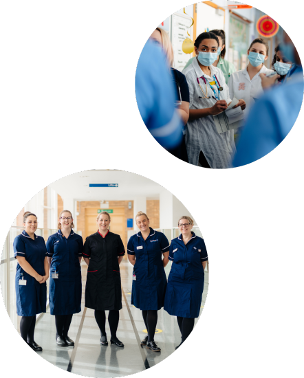 clinical staff in uniform gathered listening
