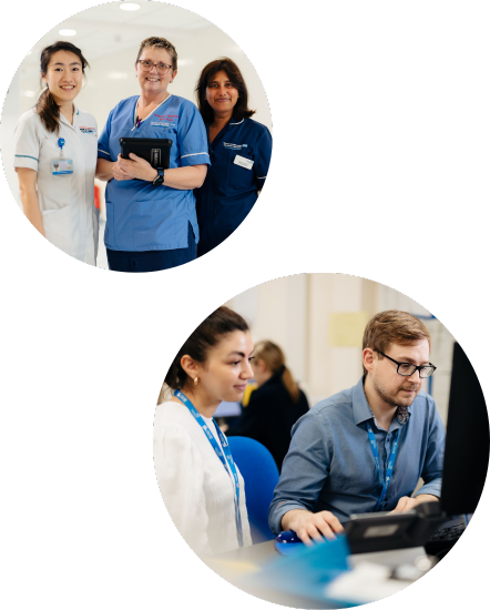 three members of clinical staff stand together while two others look at a screen