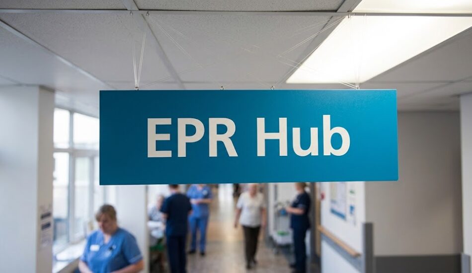 A sign in a hospital corridor directing people to an EPR Hub